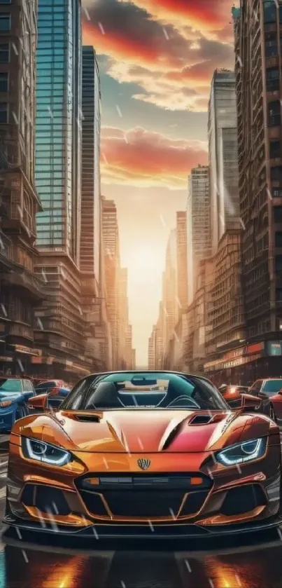 Futuristic car in vibrant cityscape at sunset.