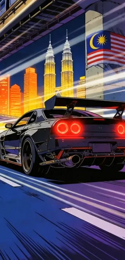 Animated sports car driving through a vibrant cityscape at night.