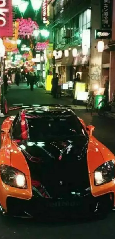 Neon city street with a sleek orange sports car at night.