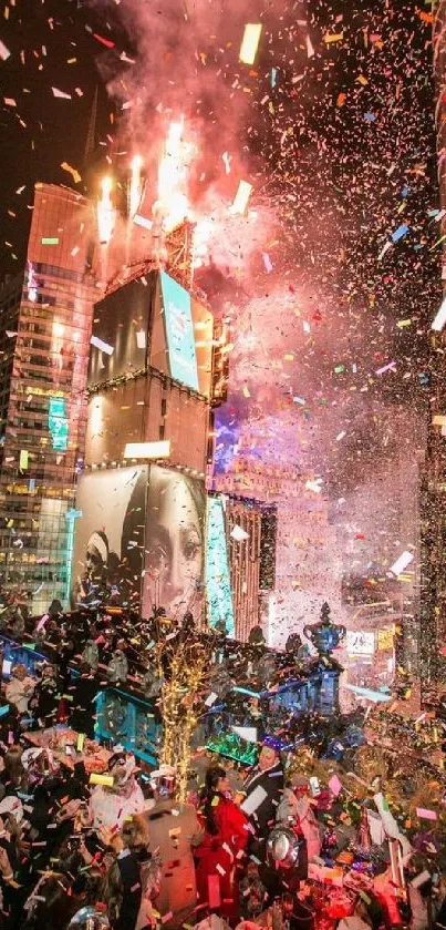 Vibrant city celebration with fireworks and confetti at night.