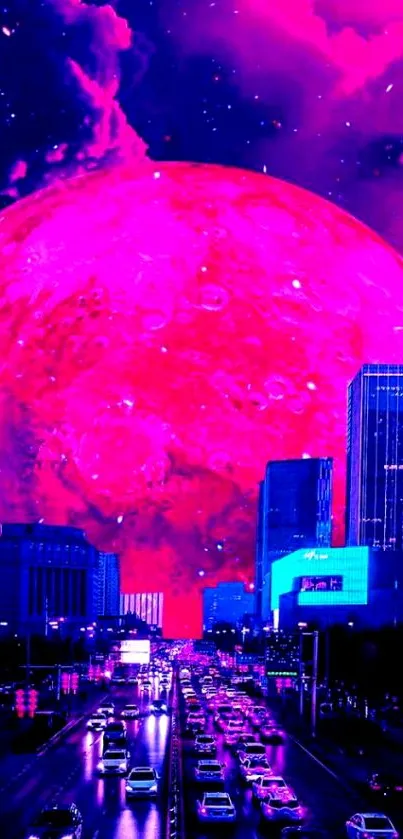 Vibrant cosmic cityscape with pink hues and skyscrapers.