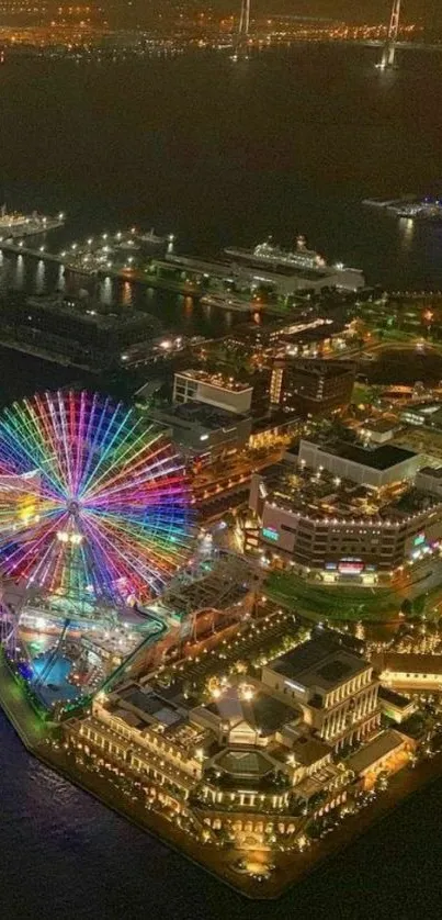 A vibrant city scene with a lit Ferris wheel at night.