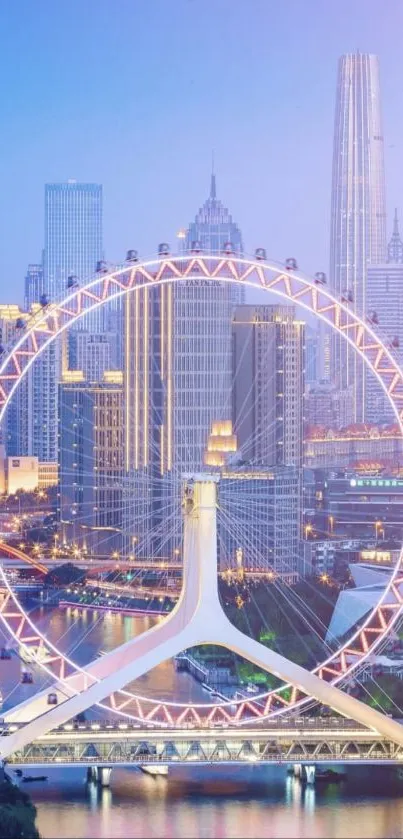 City skyline with illuminated Ferris wheel at dusk.