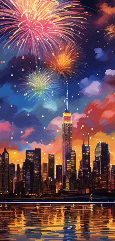 City skyline with fireworks in a vibrant night sky.