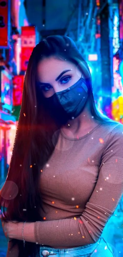 Stylish woman in vibrant neon-lit city background with blue tones.