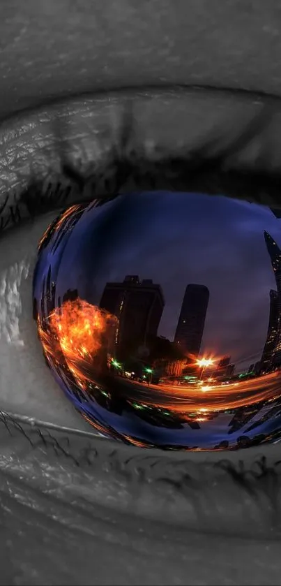 Eye reflecting a vibrant city skyline at night.