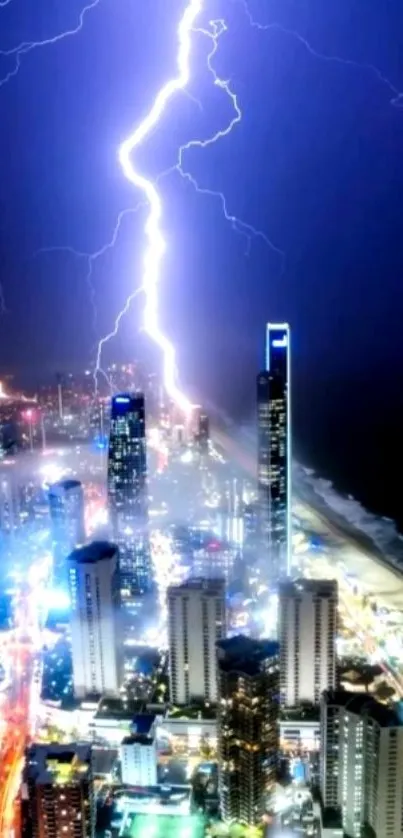 City skyline illuminated by lightning at night.