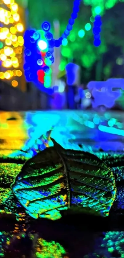 A vibrant city night scene with colorful lights reflecting on wet pavement.