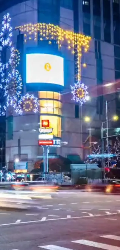 Colorful city street at night with vibrant lights.