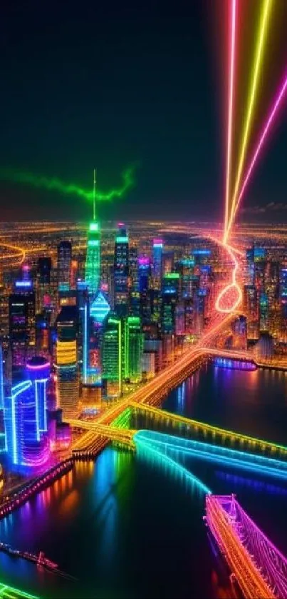 Neon cityscape with colorful lights and futuristic skyline.