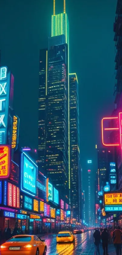 Neon-lit city street at night with vibrant glowing signs and buildings.