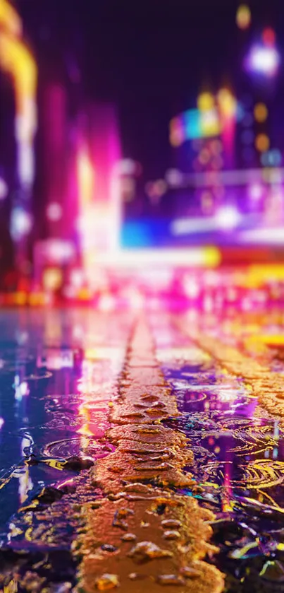 Colorful urban night scene with vivid city lights and reflections.