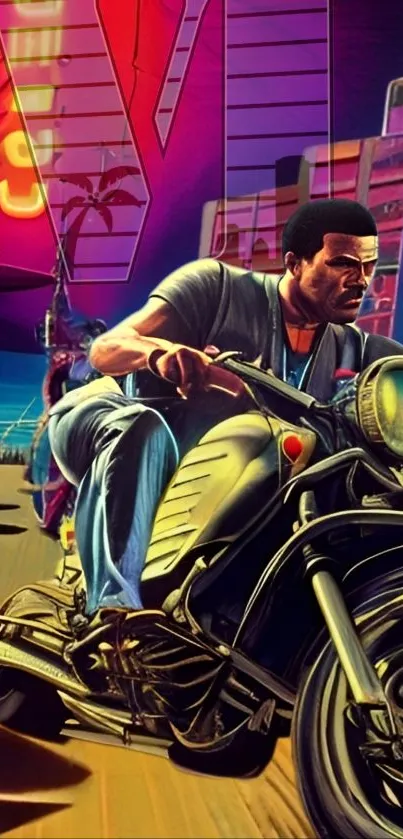 Dynamic motorcycle in a neon city scene with vibrant colors.