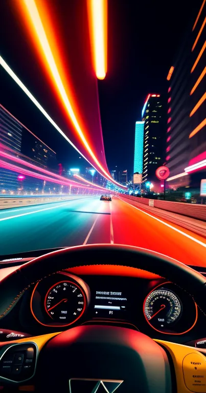 Neon-lit car dashboard driving through a vibrant city at night.