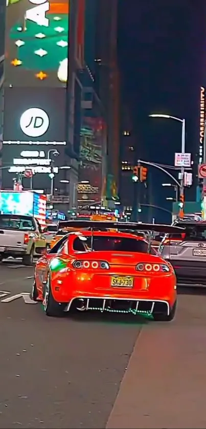 Red sports car in vibrant city at night, surrounded by neon lights and skyscrapers.