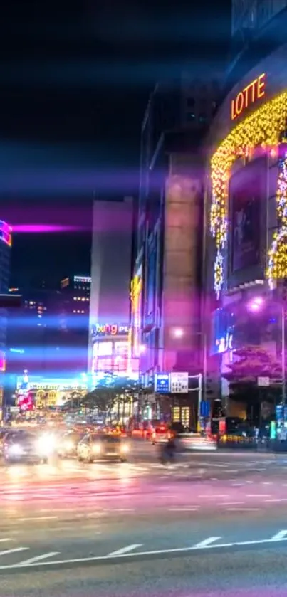 Vibrant city night scene with colorful lights and urban architecture.