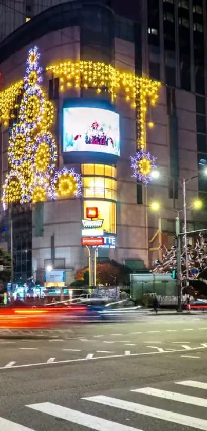 Vibrant city night with festive lights and busy street scene.