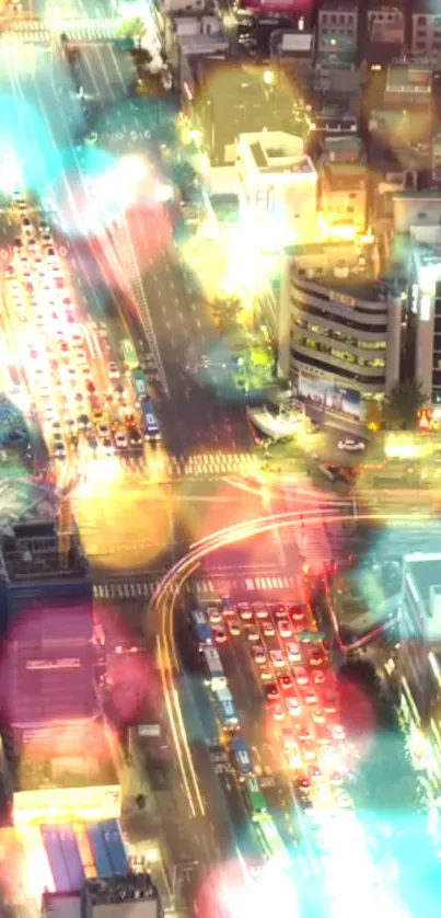 Overhead view of a vibrant city at night with colorful lights and traffic trails.