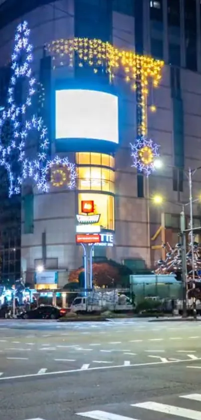 Vibrant city night with illuminated decorations and neon lights.