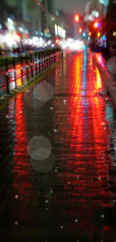 Vibrant red reflections on a rainy city street at night.