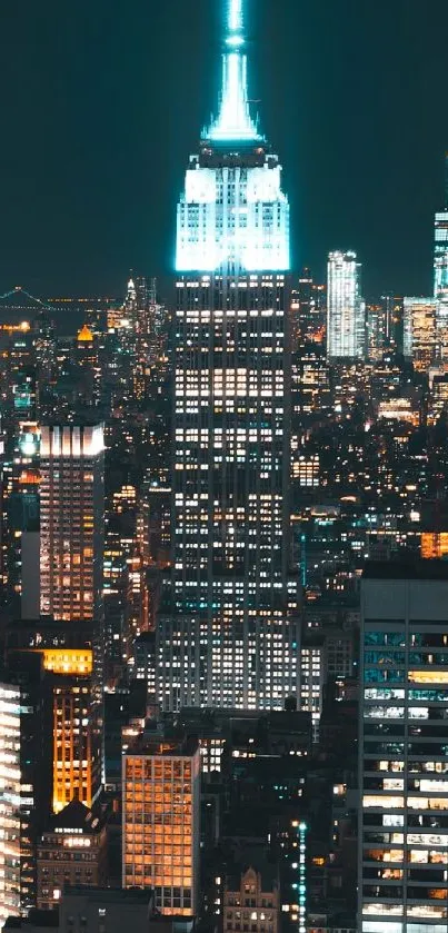 City skyline at night with bright skyscraper illumination.