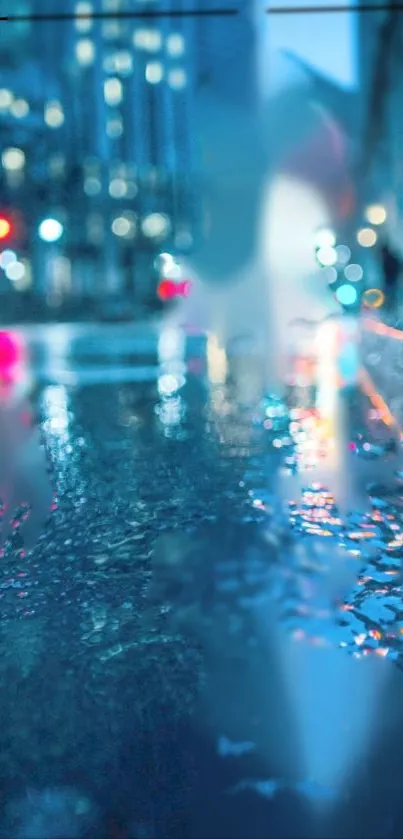 Blurred city lights reflecting on a rainy street at night.