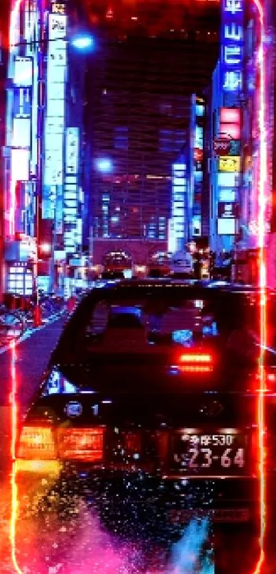 Vibrant neon city street with car and pedestrians at night.