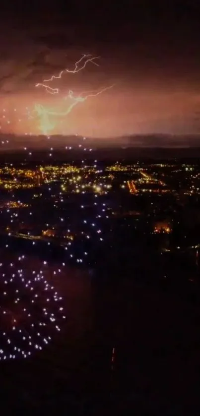 Fireworks and lightning over a vibrant cityscape at night.