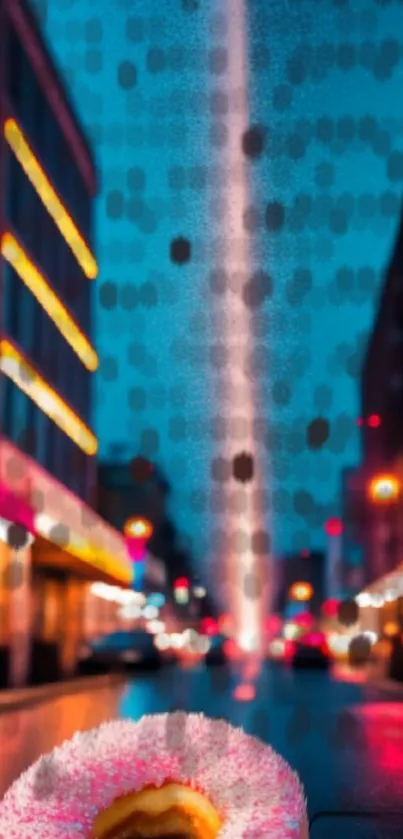Vibrant city at night with colorful urban lights and vivid street reflections.