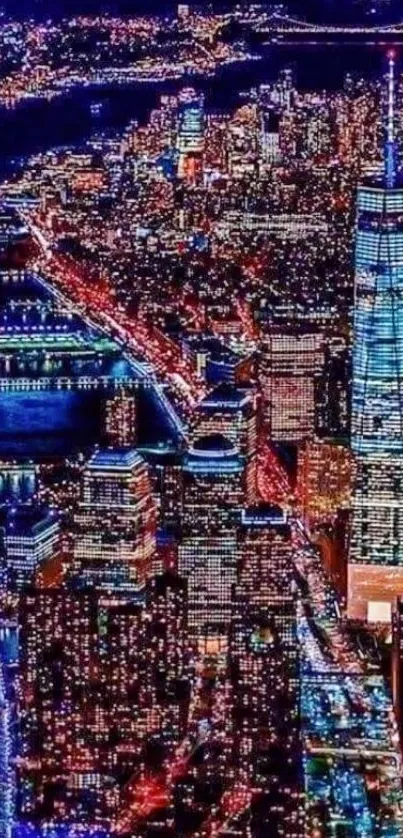 A vibrant cityscape at night with colorful illuminated buildings.