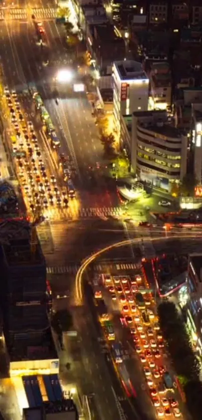 A vibrant city nightscape with glowing lights and busy streets.