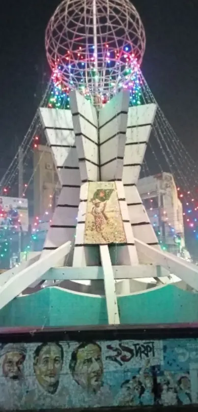 Nighttime view of a city monument illuminated with vibrant lights.