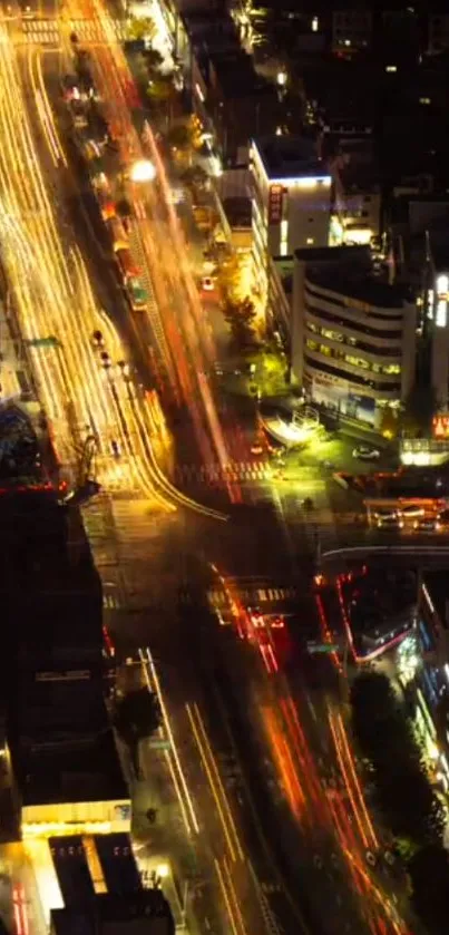 Vibrant night cityscape with light trails.