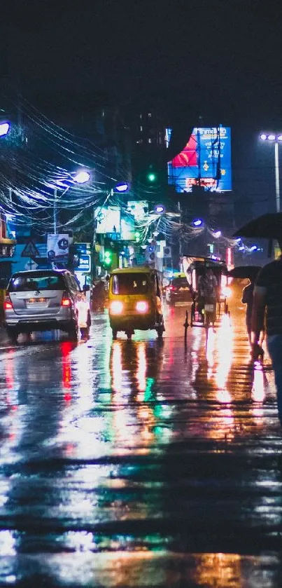 Urban city street at night with reflections and neon lights.