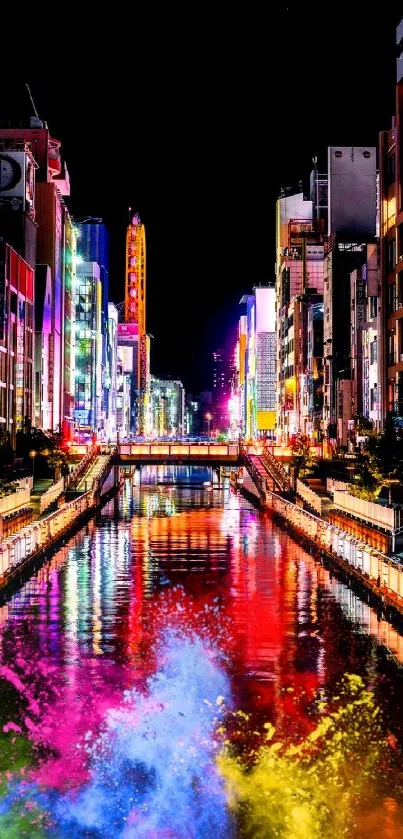 Colorful city nightscape with neon lights reflecting on a river at night.