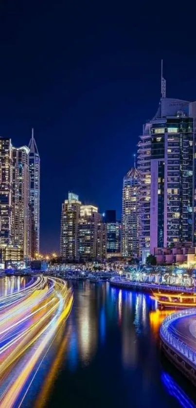 Illuminated city skyline with vibrant night lights.