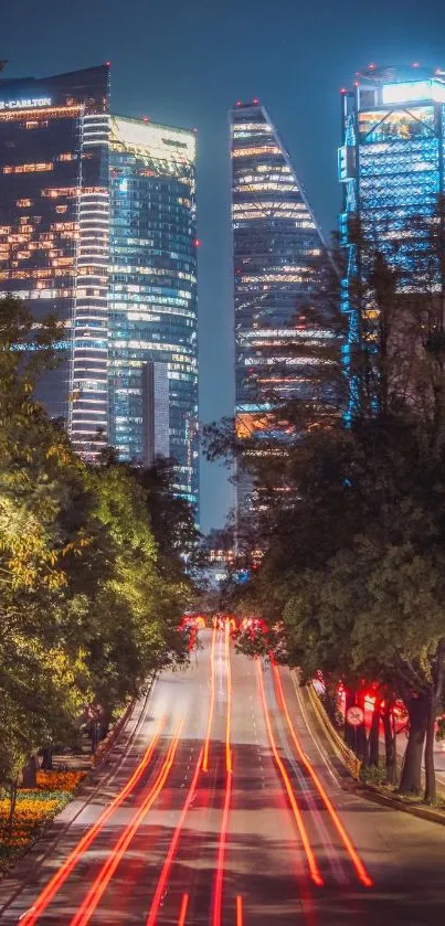 Vibrant city nightscape with skyscrapers and light trails.