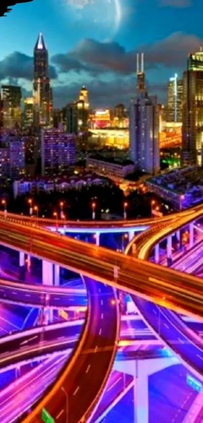 Vibrant cityscape with highways at night, featuring neon lights.