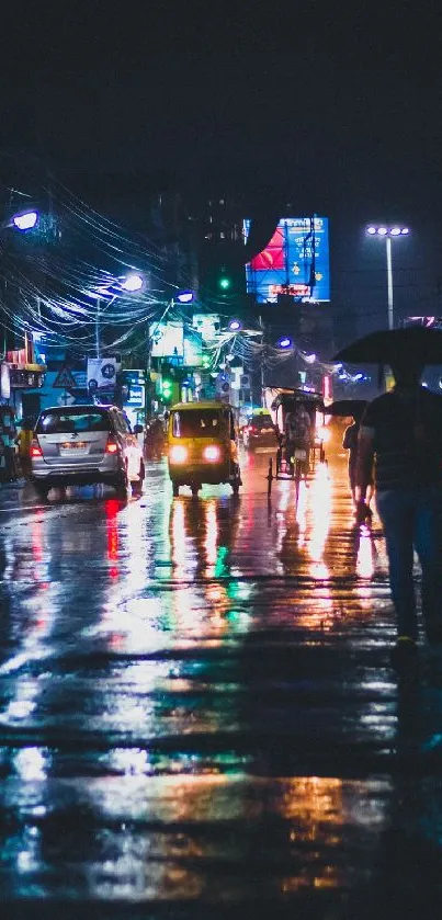 Stunning city nightscape with neon lights reflecting on a wet street.