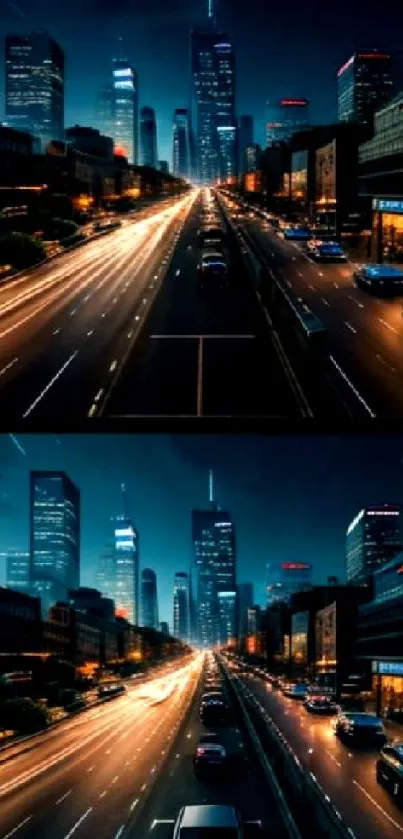City skyline at night with vibrant lights and traffic.