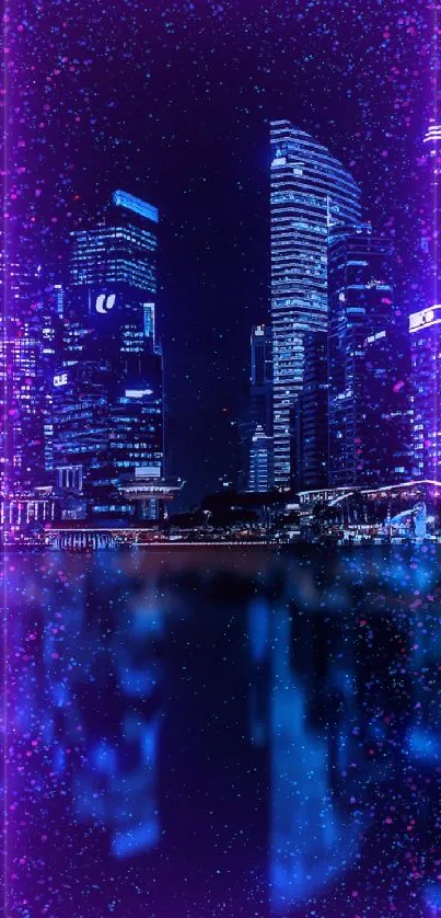 Vibrant city skyline with water reflection at night, in deep blue hues.