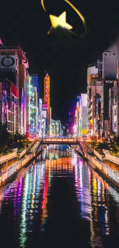 Vibrant city nightscape with neon lights reflecting in a calm canal.