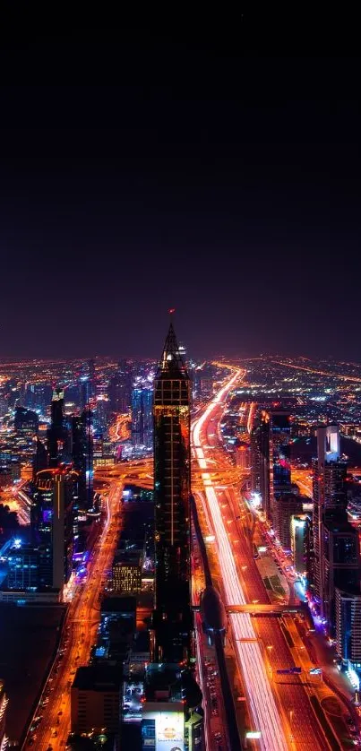 A vibrant city nightscape illuminated by colorful neon lights and skyscrapers.