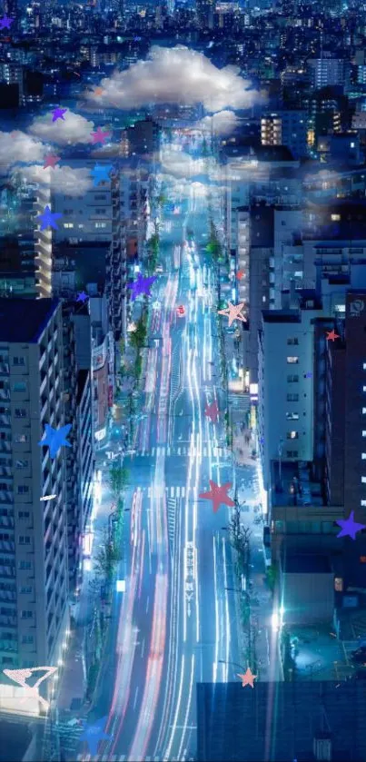Vibrant city nightscape with glowing lights and towering buildings.