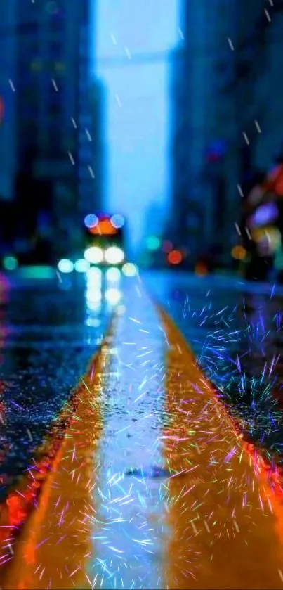 Vivid city nightscene with yellow road line and lights.