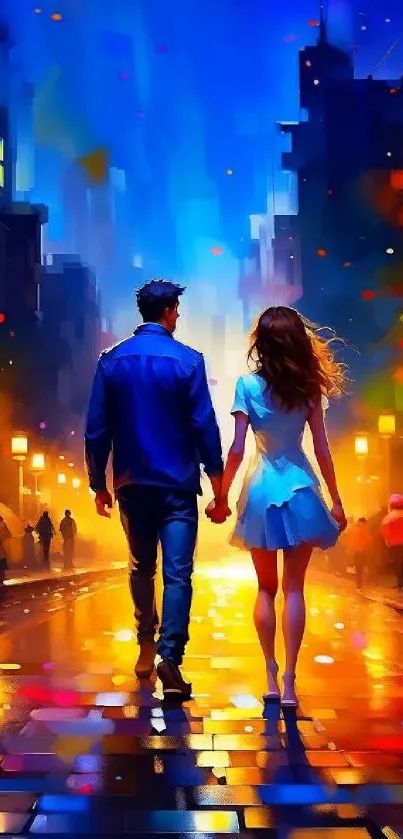 Romantic couple walking in vibrant city nightscape.