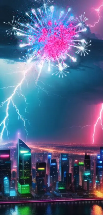 Vibrant city nightscape with fireworks and lightning over a neon skyline.