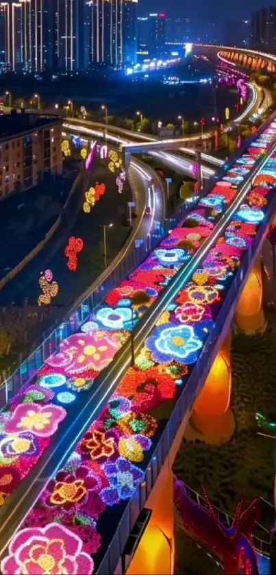 Vibrant cityscape with illuminated streets and colorful floral designs at night.