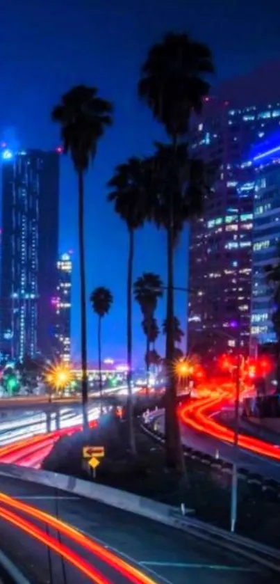 Vibrant night cityscape with neon lights and skyscrapers.