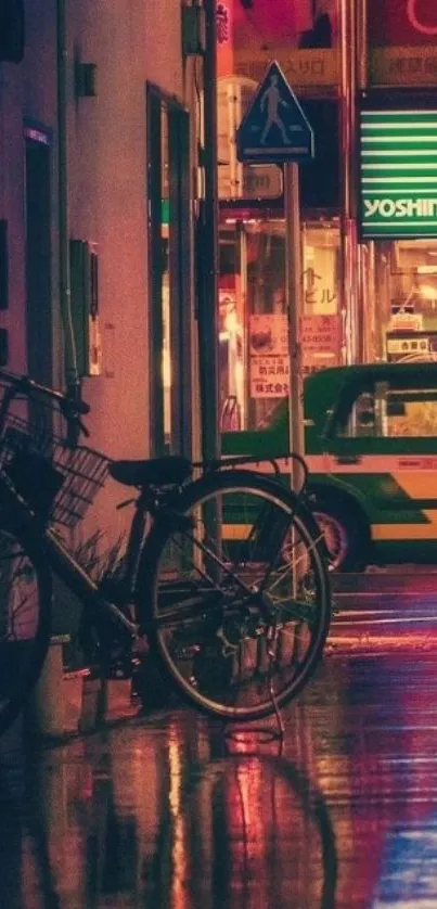 Neon city street with bikes and taxi at night.